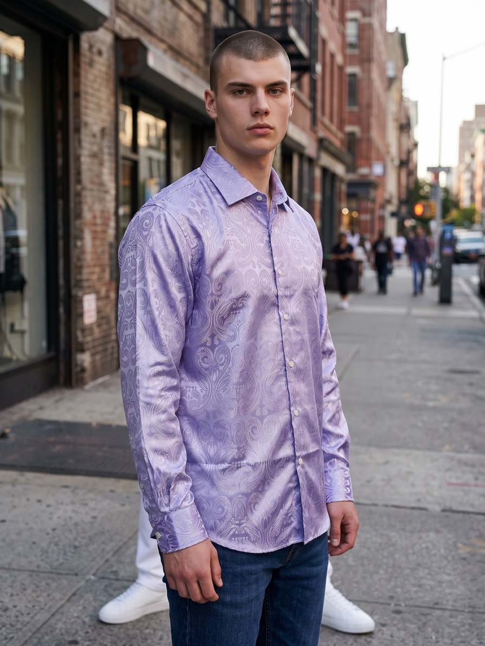 NWT New DiBanGu Silk Blend Paisley Long Sleeve Lavender Shirt Size L